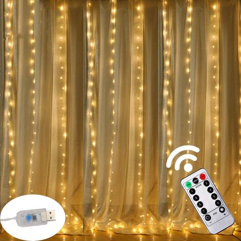 Guirlande Lumineuse Rideau,Rideau Lumineux USB 300 LED 3m×3m 8 Modes d'Eclairage,Decoration de Fenêtre,Noël,Mariage,Anniversaire,Maison,Patio,Etanche IP65 (Blanc chaud) GROOFOO