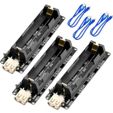 Lot de 3 cartes d'extension pour batteries 18650 V3 avec connecteur micro USB, sortie 5 V/2 A et 3 V/1 A, câble inclus. Compatibles avec Arduino, Raspberry Pi et Wemos. (1/4)