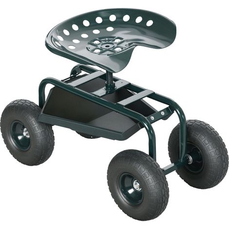 Chariot de jardin avec siège réglable et plateau inférieur, acier et polypropylène, 83 x 36,5 x 45-60 cm, vert foncé (1/5)