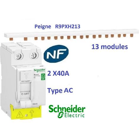 Interrupteur différentiel Resi9 xp 2P 40A 30ma type AC + Peigne 13 M - Schneider R9PRC240+R9PXH213