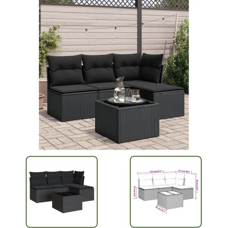 The Living Store 5-tlg. Garten-Sofagarnitur mit Kissen Schwarz Poly Rattan - Gartenmöbel Set - Esszimmergarnitur - Outdoor Möbel - Lounge Sofa - Rattan Gartenmöbel (1/3)