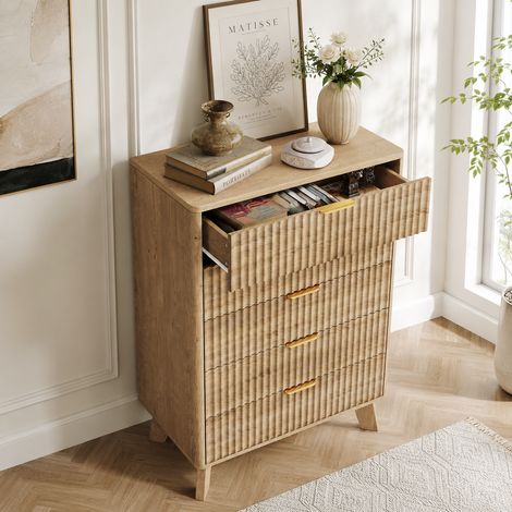 Commode à 5 tiroirs 73×40×108cm,meuble de rangement,panneau à motif ondulé,commode chambre grande capacité,anti-basculement,style moderne,poignées en métal,pour chambres et salons,Bois,Bois naturel (1/5)