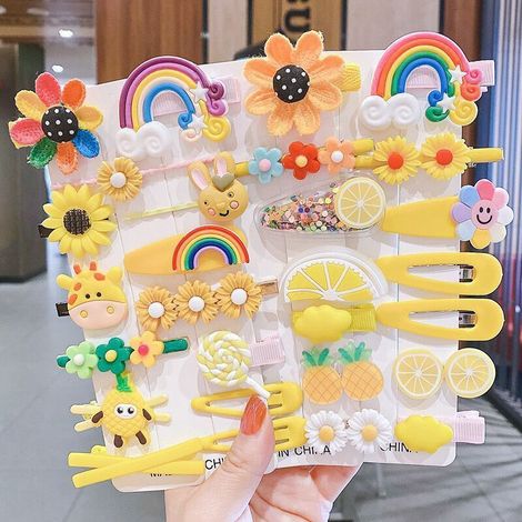 Conjunto de 28 pinzas para el cabello de bebé niña, accesorios coloridos y adorables  Multicolor, arcoíris, flores, animales, dulces, frutas (1/4)
