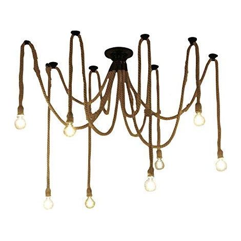Lampada a Sospensione in Corda di Canapa Vintage Lampada da Soffitto con 8 Luci E27 200cm Regolabile per Soggiorno, Cucina, Bar, Caffè, Ristorante (1/4)