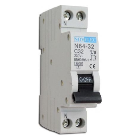 Disjoncteur bipolaire 32A courbe C 3kA – Coupure phase et neutre – Connexion vis norme NF – Pour tableaux électriques résidentiels – Nov'Elec