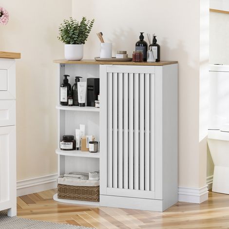 Armario esquinero 68x25x76 cm blanco y roble en MDF con estantes ajustables y puertas de rejilla (1/5)