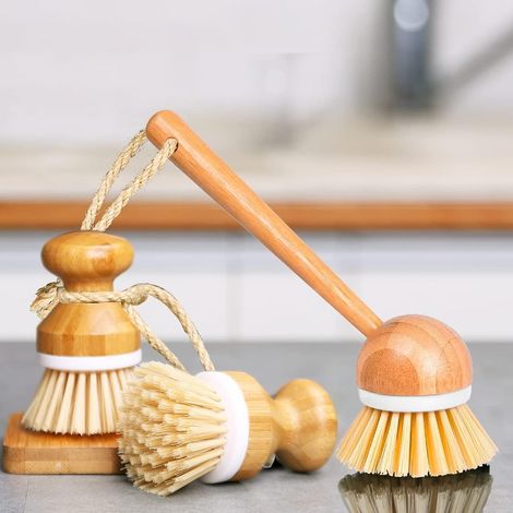 YMYNY Scheuerbürsten Bambus-Spülbürste Holzreinigungs-Schrubber-Set für Töpfe, Pfannen, Küchenspüle, Gemüsewaschen, 3er-Set (1/5)