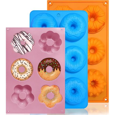 Lot de 3 moules à donuts en silicone antiadhésifs, 12 motifs différents, pour donuts et bagels de taille standard - Bleu, Orange, Rose (1/4)