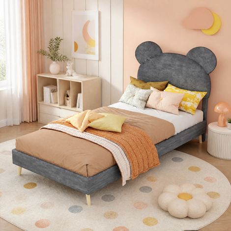 Letto per bambini 90x200 cm grigio con testiera cartoon, base bassa senza contenitore HAVRYA (1/5)