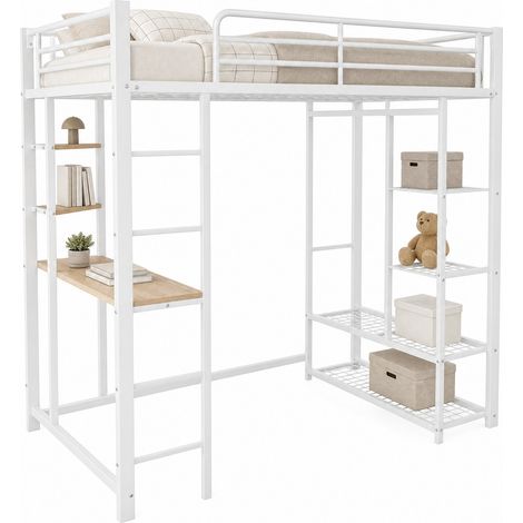 Lit mezzanine 90 x 200 cm avec bureau, étagères et penderie, structure métal blanc, pour chambre enfant et ado, gain de place, multifonctionnel - CHICFURN (1/5)