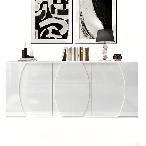 Buffet de salon 150 x 40 x 70 cm – Meuble de rangement brillant avec trois portes et éclairage LED, portes design, blanc, en panneaux de particules, largeur 150 cm