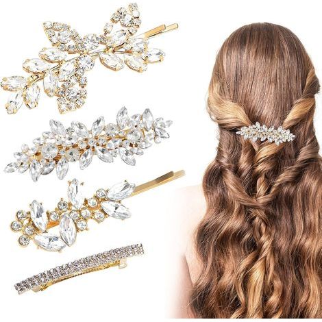 Conjunto de 4 accesorios para el cabello con diamantes de imitación dorados, pinzas nupciales brillantes, accesorios para el cabello de boda para mujeres, adornos de horquillas de cristal para ceremon (1/5)