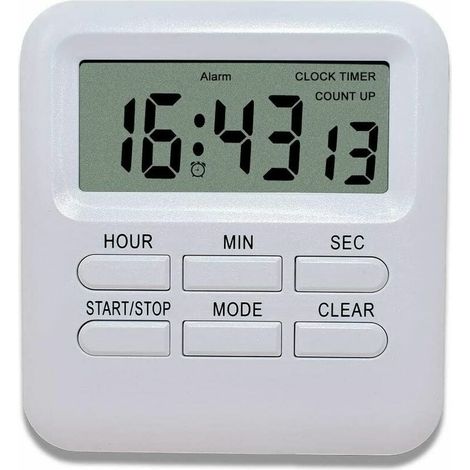Minuterie numérique avec fonction horloge/alarme 3 en 1 minuterie de cuisine magnétique compte à rebours chronomètre cuisine/étude/sport gestion du temps (blanc) (1/5)