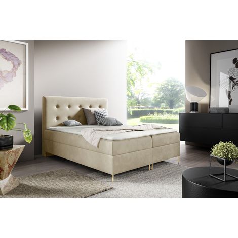Sofello Boxspringbett LOUI 140 x 200cm 2x Bettkasten TOPPER 5cm Gratis Beige Velour hohe goldene Beine (1/5)