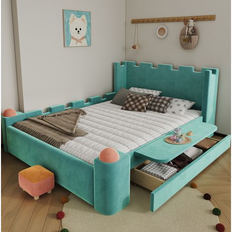 Lit cabane enfant capitonné 140x200 cm avec tablette pliable et tiroir, velours bleu-vert, REDOM (1/5)