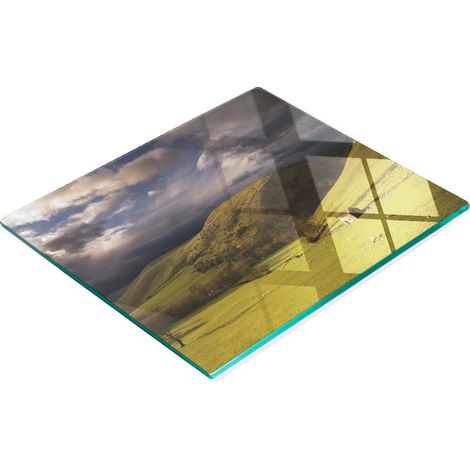 Tablero de cocina de vidrio templado con gr谩ficos decorativos de paisajes y cumbres, 60x52 cm.