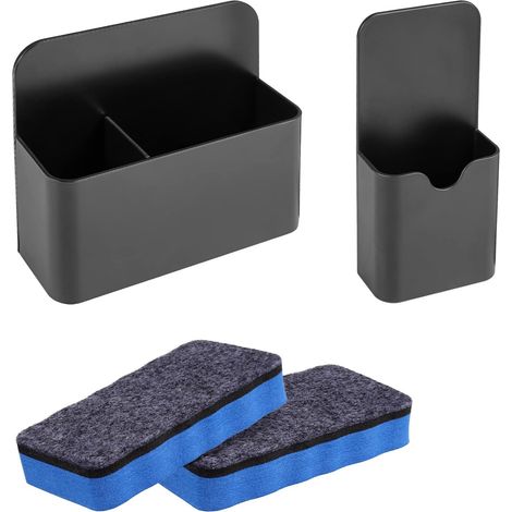 2er Set Magnetischer Stiftehalter Schwarz + 2 Magnet Whiteboard Löscher - Markerhalterung Zubehör für Schule, Büro & Kühlschrank