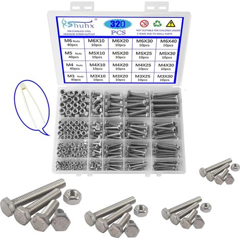 320pcs M3 M4 M5 M6 Vis à Tête Hexagonale Boulons et écrous Acier Inoxydable 304 Boulon à Tête Hexagonale Entièrement Vis Filetée Machines Boulons à Six Pans (1/5)