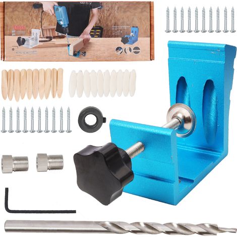 Kit de perçage incliné 46 pièces en alliage d'aluminium robuste et précis pour menuiserie, guide de perçage bleu (1/5)