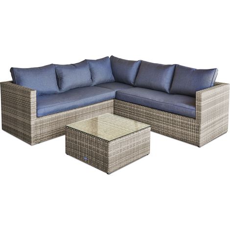 Dcb Garden – Salon de jardin 5 places en résine tressée miel – Ensemble avec table en verre – 2 méridiennes et coussins déhoussables