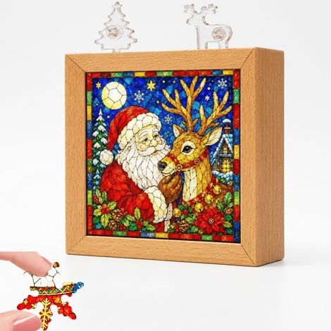 Irovami Veilleuse puzzle en acrylique sur le thème de Noël lampe décorative style vitrail / Père Noël et rennes (1/5)