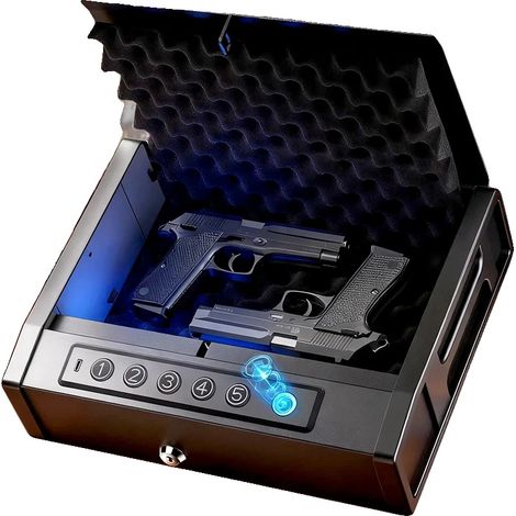 Caja fuerte biométrica, construcción de acero, 45,7 x 30,5 x 15,2 cm, compatible con la mayoría de los vehículos estándar, acceso rápido con tapa automática, certificada CE y RoHS. (1/5)