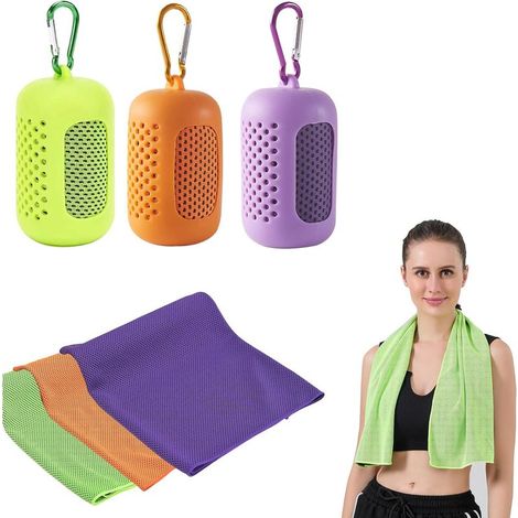 Lot de 3 serviettes de sport à séchage rapide avec housses en silicone portables - Serviette rafraîchissante - Serviette de sport Microphase pour fitness et sports de plein air (30 x 90 cm, 3) (1/5)