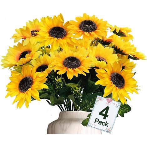 Sunflower Artificial Flowers - 15 Inch - UV Resistant Silk - for Indoor Outdoor Decor Wedding Table Home Garden - 4 Pack (1/4)