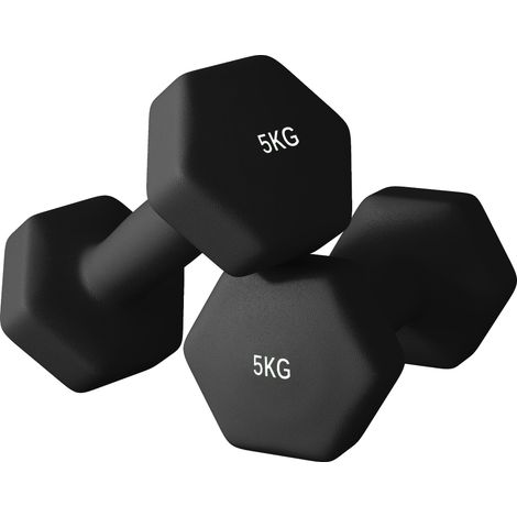 Lot de 2 haltères hexagonales, 2 x 5 kg, métal et plastique, avec poignée antidérapante, 20 x 9 x 9 cm, noires (1/5)