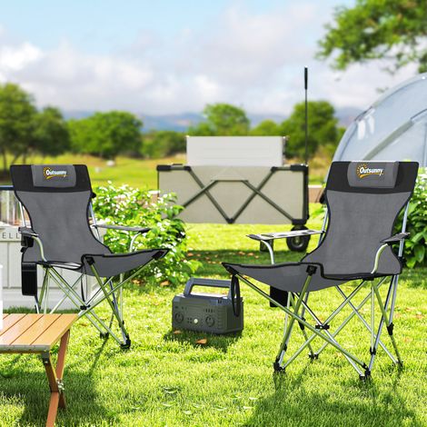 Lot de 2 chaises de camping pliante inclinable avec repose-pieds gris sac de rangement porte-gobelet et appui-tête aménagement intérieur (1/4)
