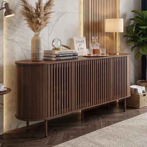 Creahappy Buffet Enfilade 160x40x70 cm - Grand Espace de Rangement avec 4 Portes Ajourées - Style Contemporain Noyer Pieds Métal