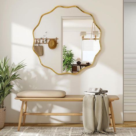Miroir mural rond ondulé - 90 cm - Cadre en métal - Moderne - Pour salle de bain, salon, chambre à coucher, couloir, entrée (1/5)
