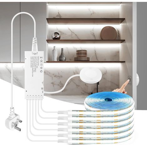 Bande lumineuse LED COB 12V, 6 bandes, 2 mètres/6,6 pieds chacune, bandes lumineuses LED COB blanches avec variateurs tactiles et gestuels, adaptées aux présentoirs d'armoires et à l'éclairage de cuis (1/5)