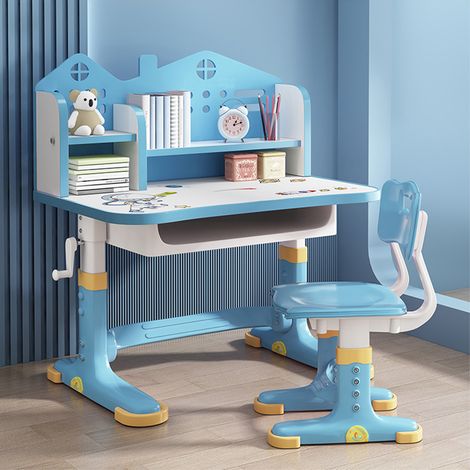 Kinder-Schreibtisch- und Stuhl-Set, höhenverstellbar, Kinderstudiertisch mit Schublade, Bücherregal, Kindersitztisch für Jungen, Mädchen, Schule, Zuhause, Arbeitszimmer – Blau (1/5)