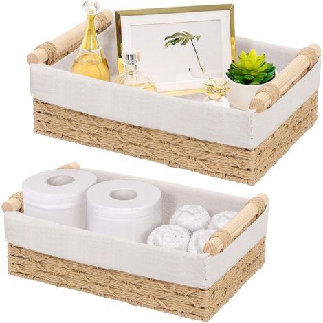 Pièces paniers de rangement tressés, Panier Osier Tressés avec Anse salle de bain, Boite Rotin pour Cuisine, Salle de Bain, Décor Maison (1/5)