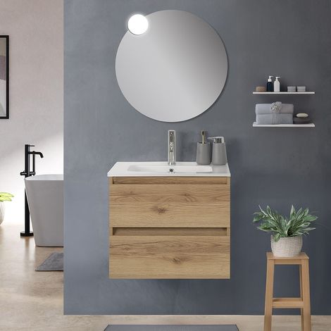 Mobile bagno sospeso 60cm in legno quercia naturale 2 cassettoni con lavabo Leda (1/5)