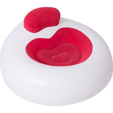 Fauteuil gonflable rond blanc-rouge avec assise en velours et coussin de soutien de nuque ample, siège gonflable confortable en PVC pour salon, chambre et jardin (1/5)