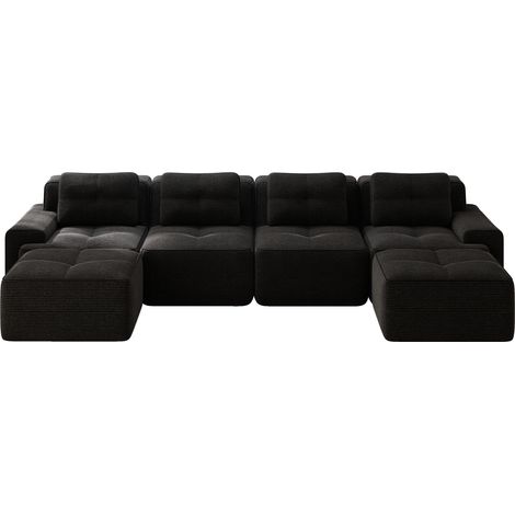 Canapé modulaire 4 places avec méridienne en U, revêtement en velours côtelé noir, sans montage (1/5)