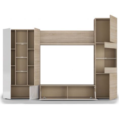 Mueble de salón TV 260 cm blanco brillo y roble claro – Ostende