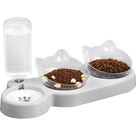 Schräge Katzennäpfe mit Futtermatte, drei erhöhte Futter- und Wassernäpfe, Haustiernäpfe mit automatischer Wasserflasche (1/5)