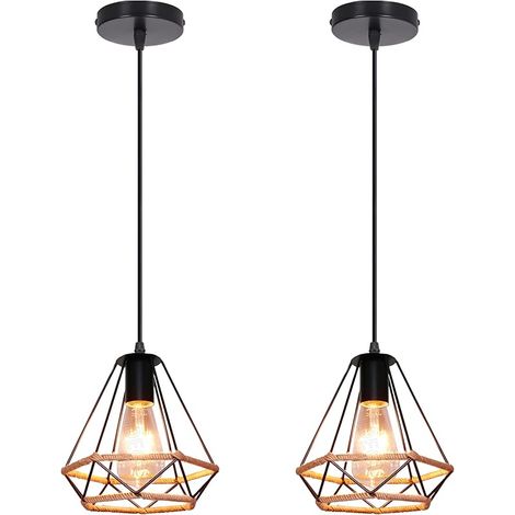 Lot de 2 Suspension Luminaire Vintage 20cm Lustre Industriel Plafonnier Abat-jour Design Cage en Métal avec Corde de Chanvre Rétro E27 Lampe de Plafond pour Salon Cuisine Couloir Bar (2 Pack) (1/5)