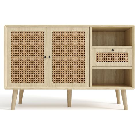 Aparador con 2 Puertas Magnéticas, 1 Cajón y Estantes Regulables, Estilo Retro, en MDF, 120×40×80 cm, Roble (1/5)