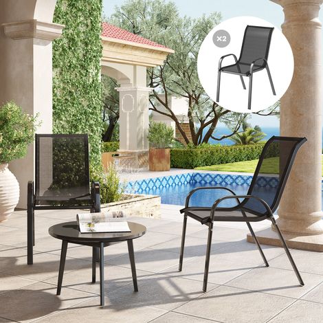 Ensemble de 2 chaises de jardin empilables Ă dossier haut et tissu en maille respirante, structure en acier, 54 x 71 x 93 cm, noires (1/5)