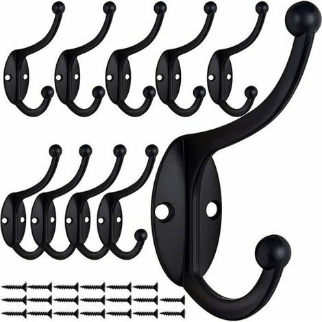 Lot de 10 crochets muraux rétro en métal noir – Crochets à double paroi pour salle de bain, cuisine, chambre – Capacité lourde (1/4)
