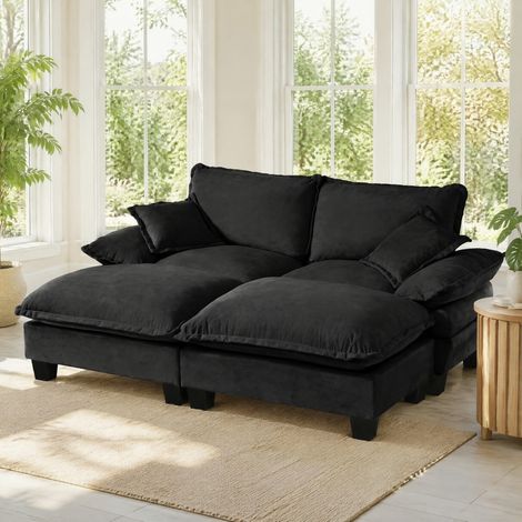 Sofá esquinero modular (194x151x90 cm), estilo velero, con ottoman móvil, chenilla negra (1/5)