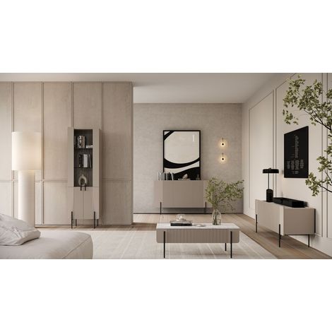 BOBOCHIC - Meuble TV 3 portes 150 cm MATHILDE plateau effet marbre et pieds noirs Beige (1/5)