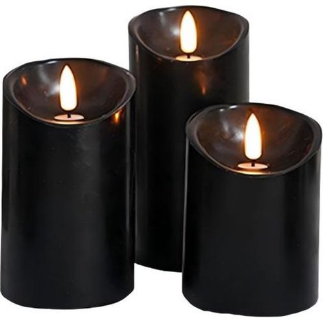 Velas LED inclinadas con llama dinámica, velas de té, funcionan con pilas y control remoto. Ideales para crear ambiente en sala de estar, dormitorio o comedor. Juego de 3 piezas en color negro.