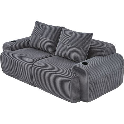 Sofá modular de 2 plazas en tejido tipo pana gris oscuro con portavasos y bolsillo lateral (1/5)