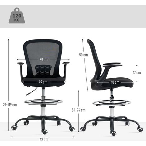 Fauteuil de travail ergonomique à hauteur réglable, avec repose-jambes et appui lombaire réglables, 62 x 59 x 119 cm, coloris noir. (1/5)