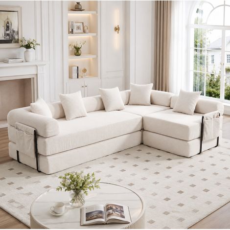 Canapé modulaire 270x180x64 cm beige en velours côtelé avec rangement latéral et fonction couchage (1/4)